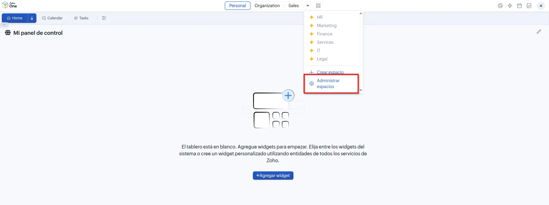 Selector de espacios con la opción Administrar espacios