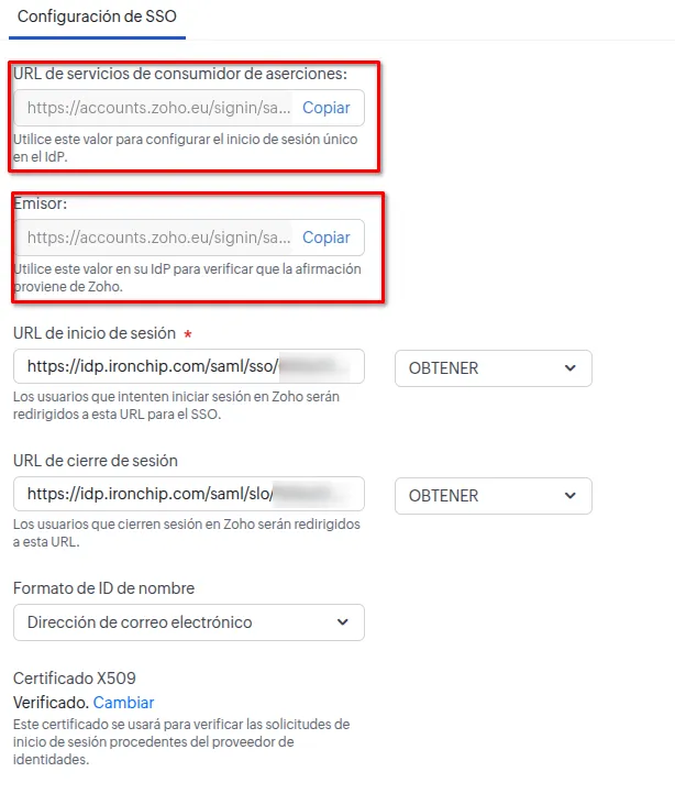 Configuración de SSO de Zoho One con la URL de servicios de consumidor de aserciones y el emisor