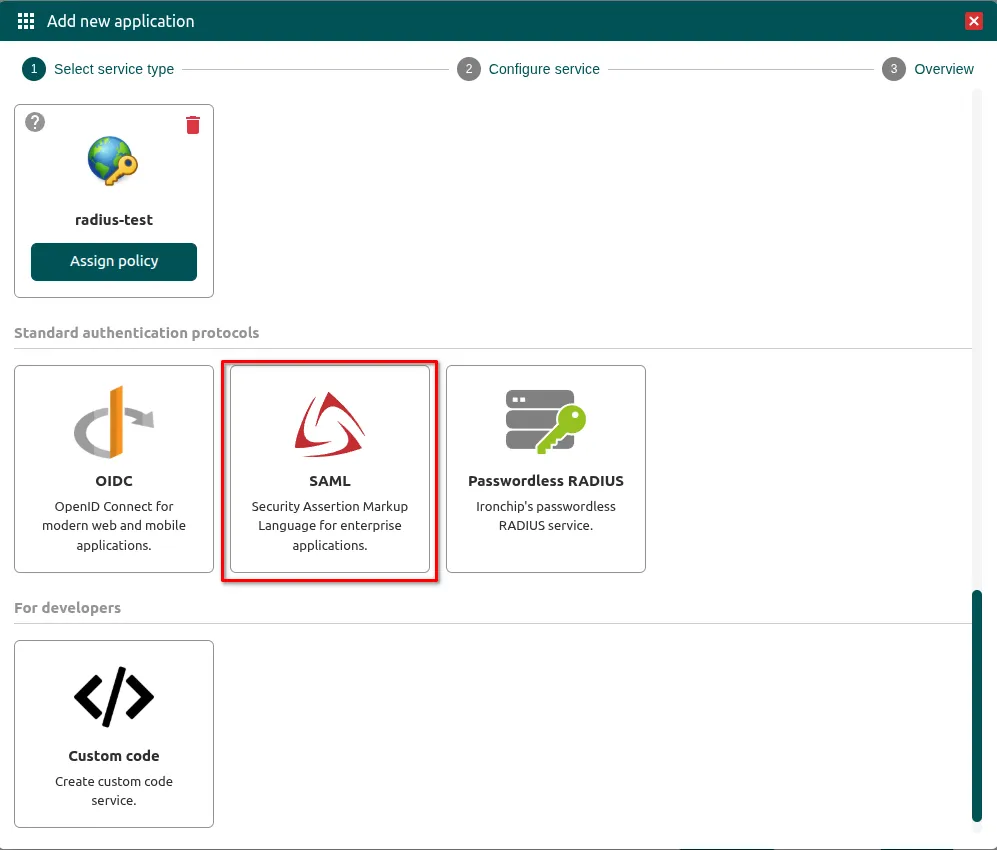 Selección de SAML entre los protocolos de autenticación estándar