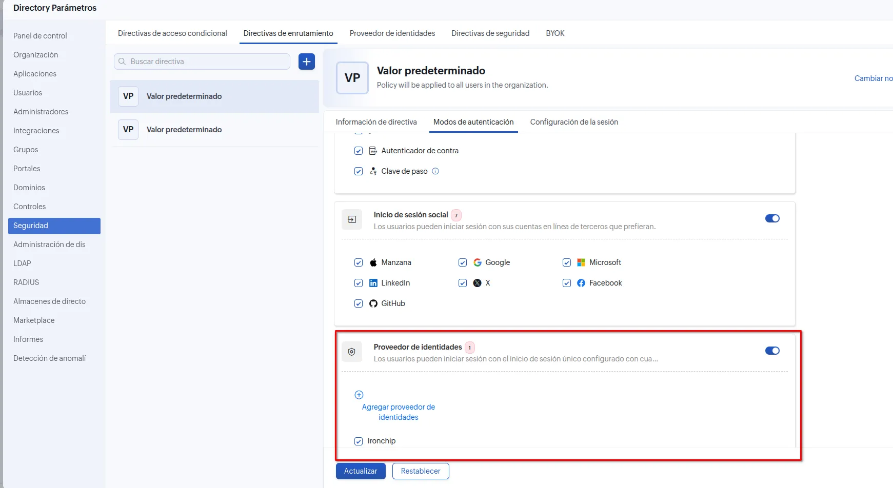 Modos de autenticación de la directiva con el proveedor de identidades de Ironchip marcado