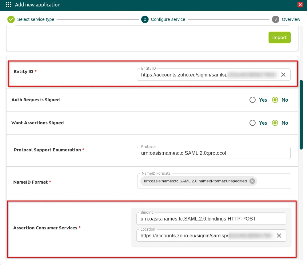 Campos Entity ID y Assertion Consumer Services de la aplicación SAML en Ironchip