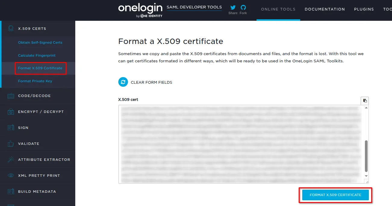 Herramienta para formatear un certificado X.509 con el botón FORMAT X.509 CERTIFICATE