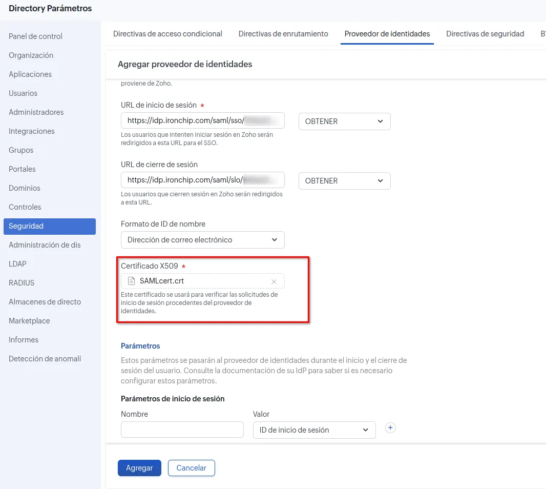 Formulario Agregar proveedor de identidades de Zoho One con las URL de Ironchip y el certificado SAMLcert.crt