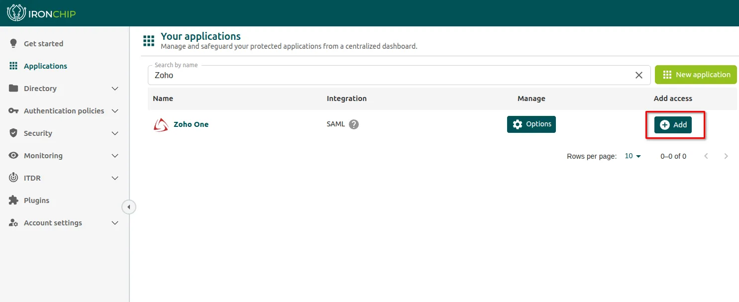 Lista Your applications de Ironchip con el botón Add de la columna Add access junto a Zoho One