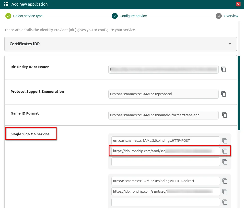 Paso Configure service de la nueva aplicación en Ironchip con la URL del Single Sign On Service