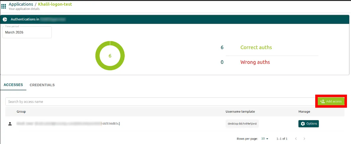 Ficha de la aplicación con el botón Add access