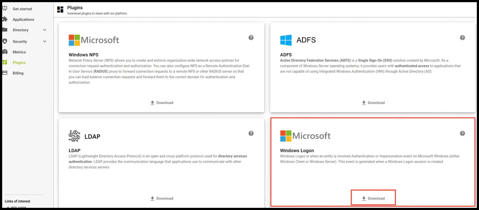 Sección Plugins de la consola con la descarga de Windows Logon