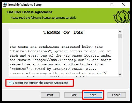 Pantalla de bienvenida y términos de uso del instalador