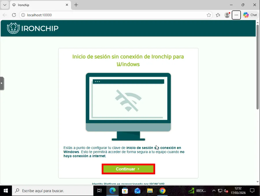 Pantalla inicial de la configuración sin conexión