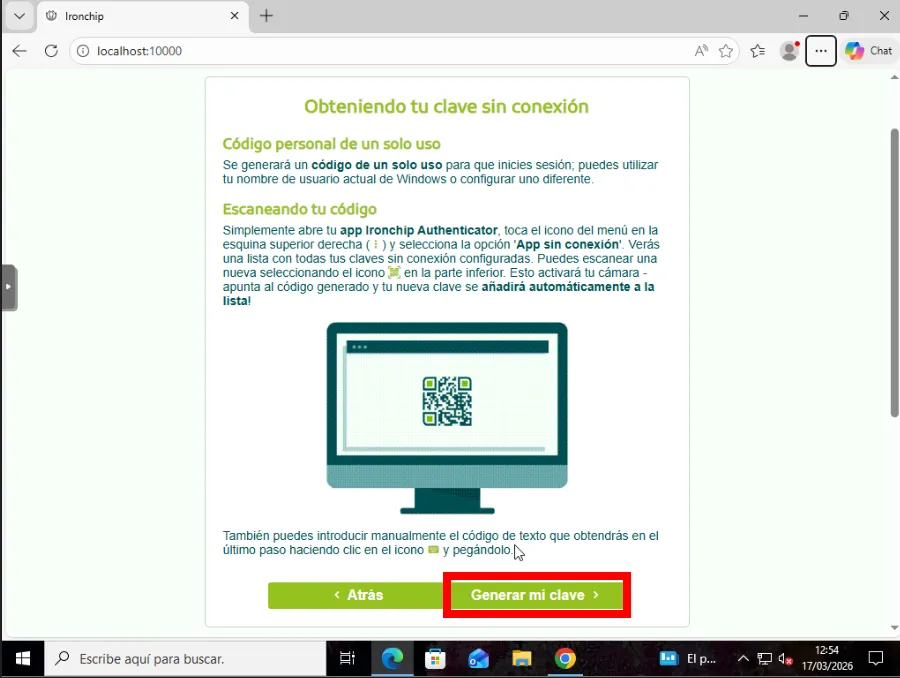 Pantalla Generar clave sin conexión