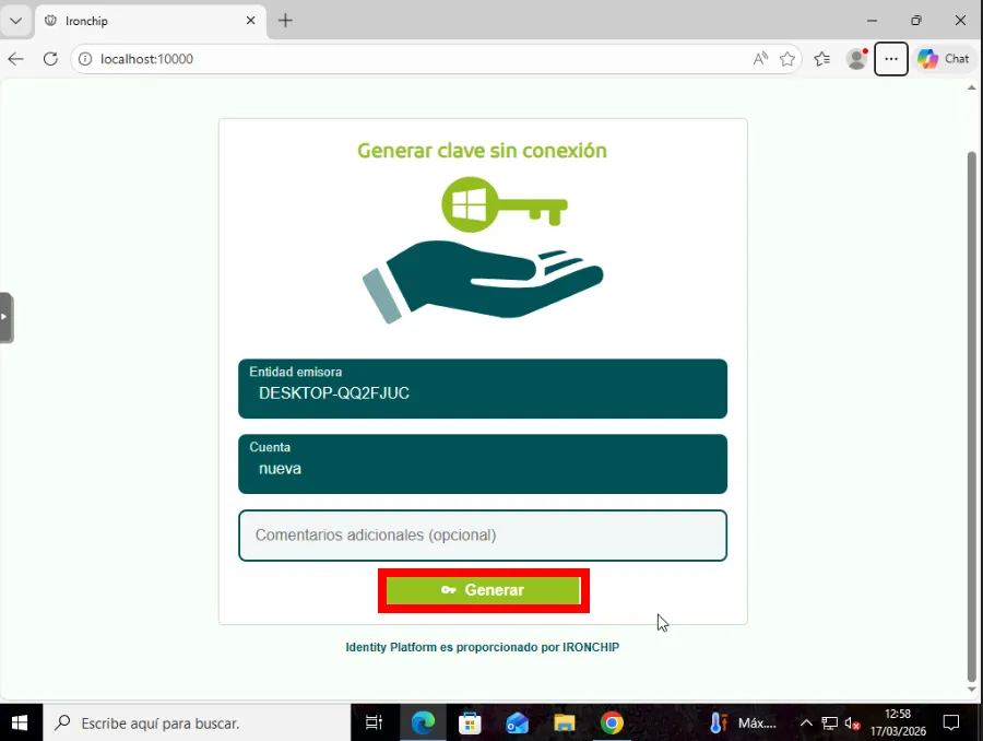 Botón Generar de la clave sin conexión