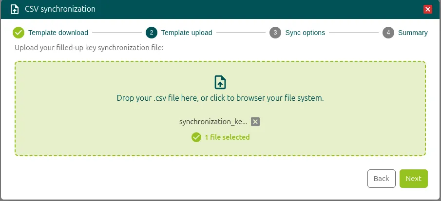 Screen to upload the completed template