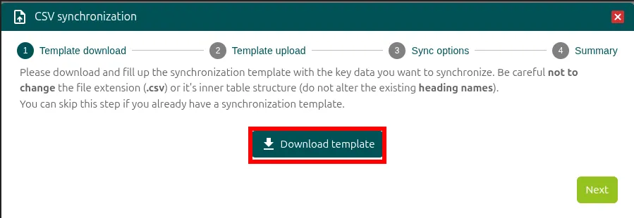 Button to download the import template