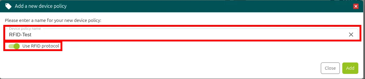 Policy form with the Use RFID protocol option turned on