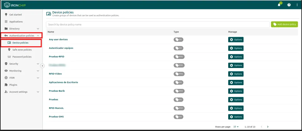 Authentication Policies menu with the Device Policies option