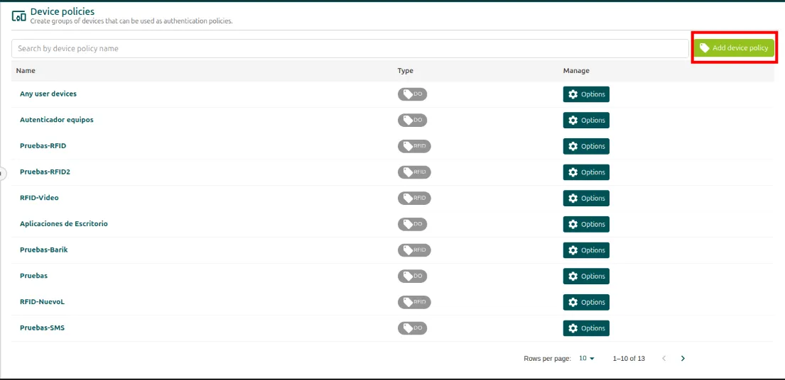 Add device policy button in the device policies list