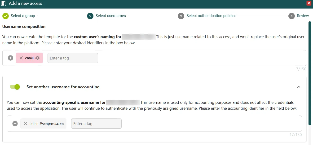 Paso Select usernames de la ventana Add a new access, con la plantilla del nombre de usuario y la opción Set another username for accounting