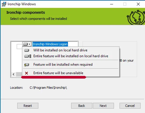 Installer feature selection with Ironchip Windows Logon disabled