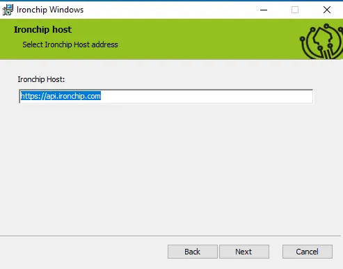 Installer screen with the server address https://api.ironchip.com