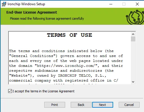 Installer license screen with the checkbox to accept the terms