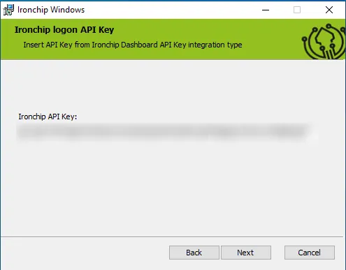 Ironchip logon API Key installer screen with the Ironchip API Key field