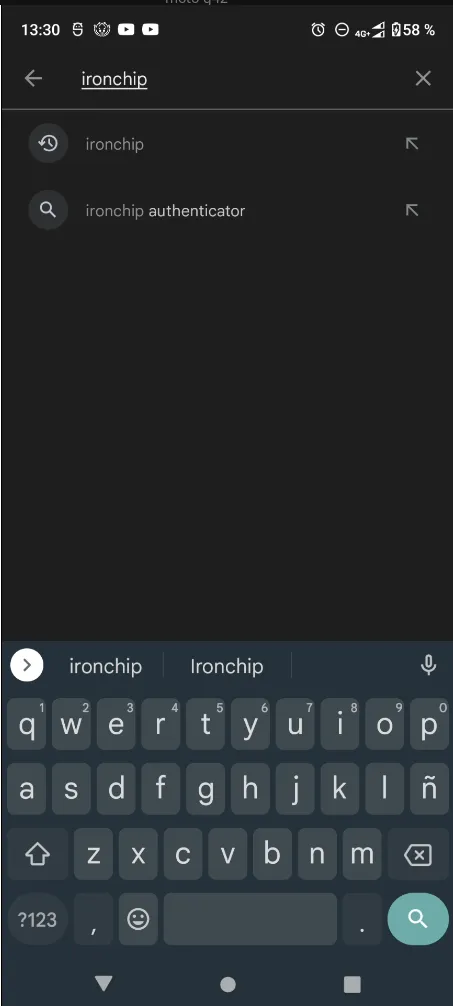 Play Store search bar with the text Ironchip