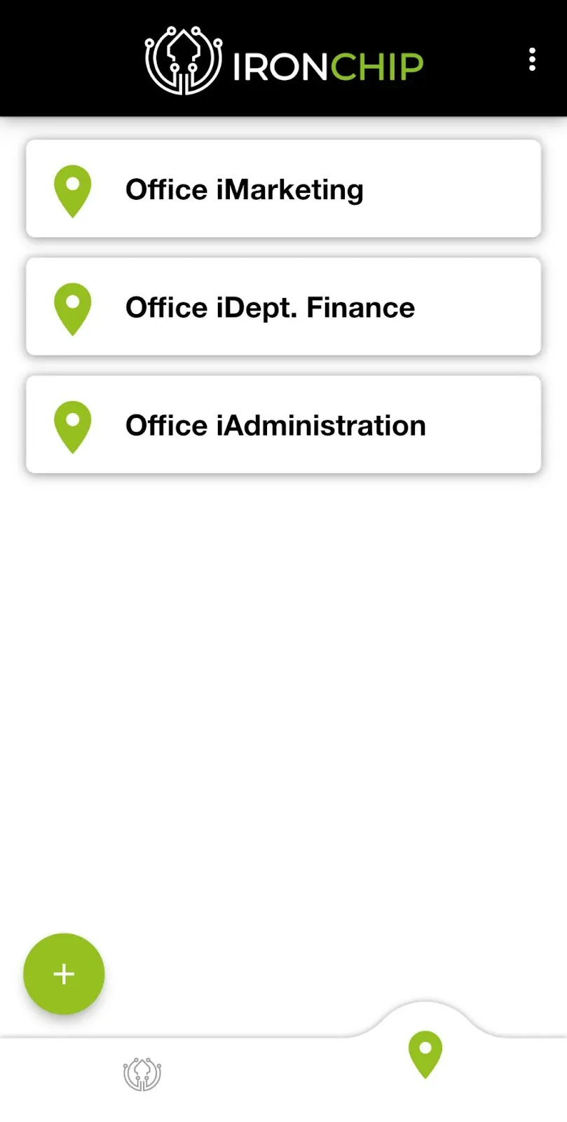 Safe zones tab of the app with the list of zones and the + button to create a new one