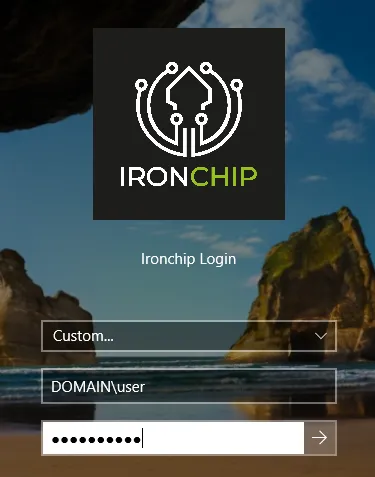 Ironchip Login screen on Windows with the user drop-down list and the username and password fields