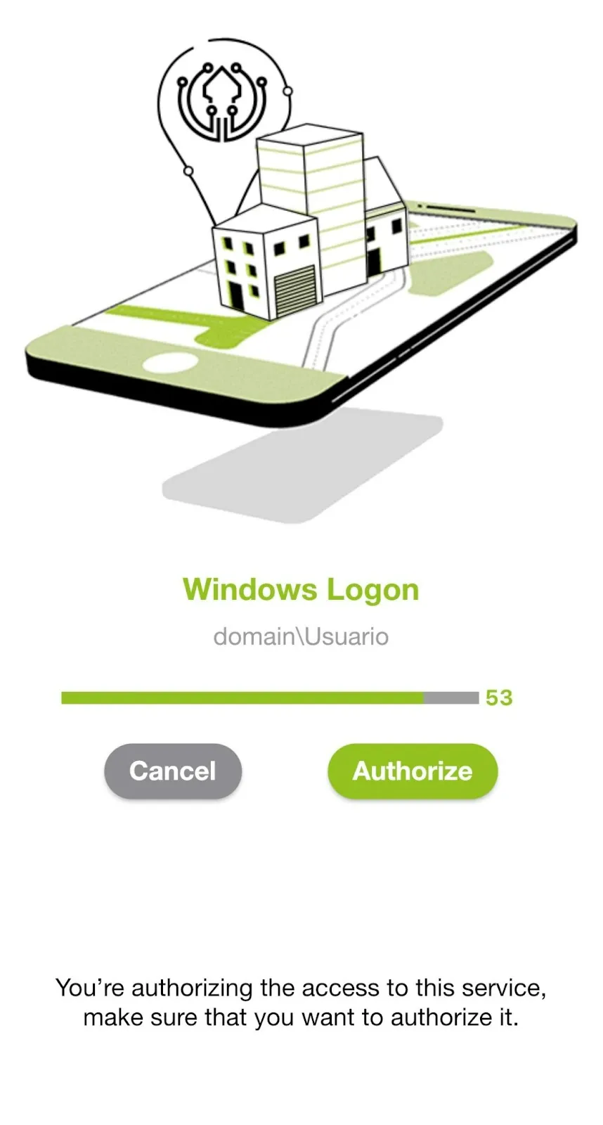 Pantalla Windows Logon de la aplicación móvil con los botones Cancel y Authorize