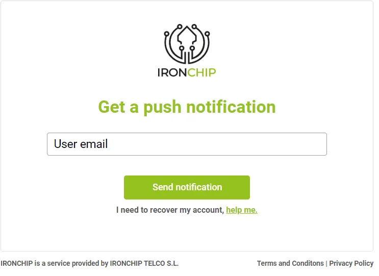 Screen for entering the email address and sending the notification