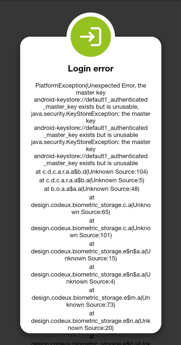 Login error message in the app with PlatformException details about the Android keystore master key