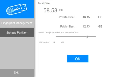 Pestaña Storage Partition de la herramienta de gestión, con el tamaño privado y público del disco