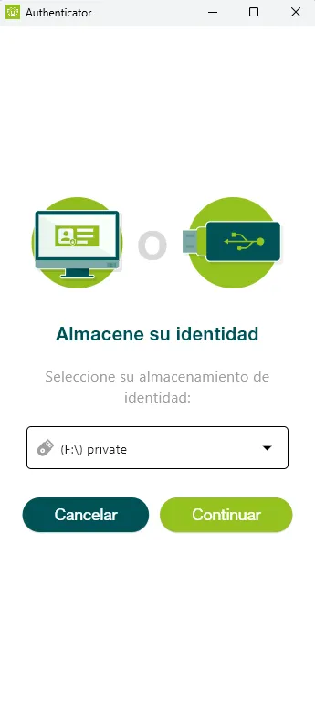 Autenticador de escritorio en la pantalla Almacene su identidad, con la unidad privada del USB seleccionada
