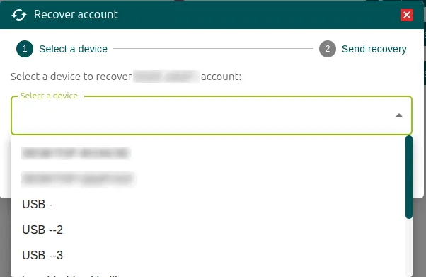 Select a device step of the Recover account window with the list of devices