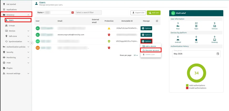 Options menu of a user with the Recover account option