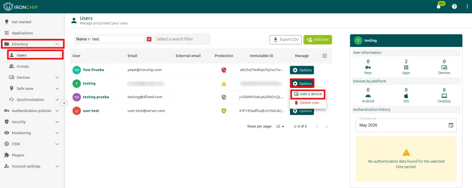User list with the Options menu and the Add a device option