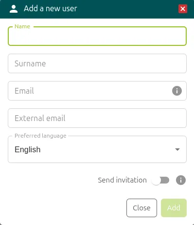 Add a new user window with the user details and the Send invitation switch