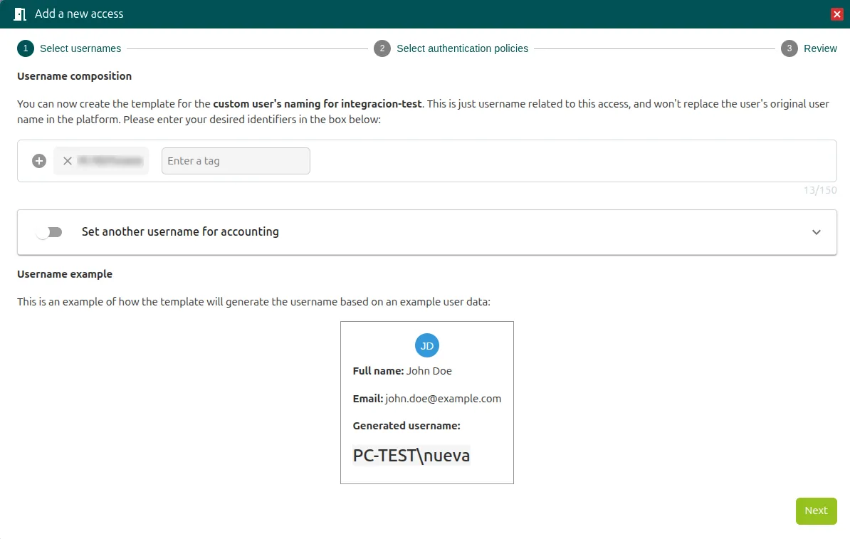 Window to modify the access from the Select usernames step
