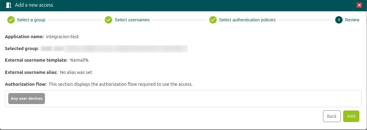 Review step with the access summary