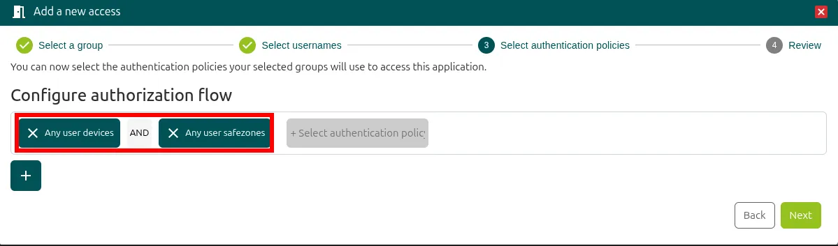 Paso Select authentication policies con las políticas Any user devices y Any user safezones combinadas con AND