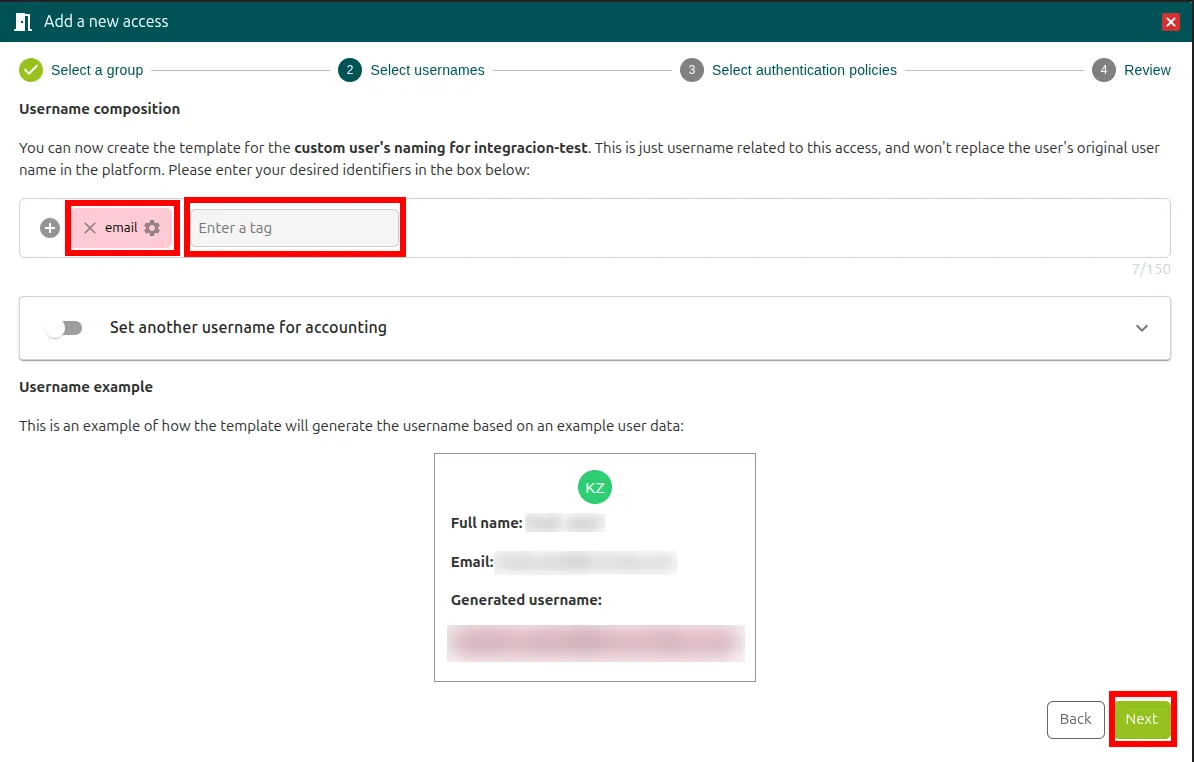 Select usernames step with the email tag, the Enter a tag field, and the Set another username for accounting switch