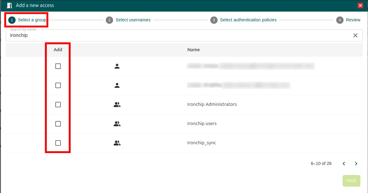 Select a group step of the Add a new access window, with the list of users and groups