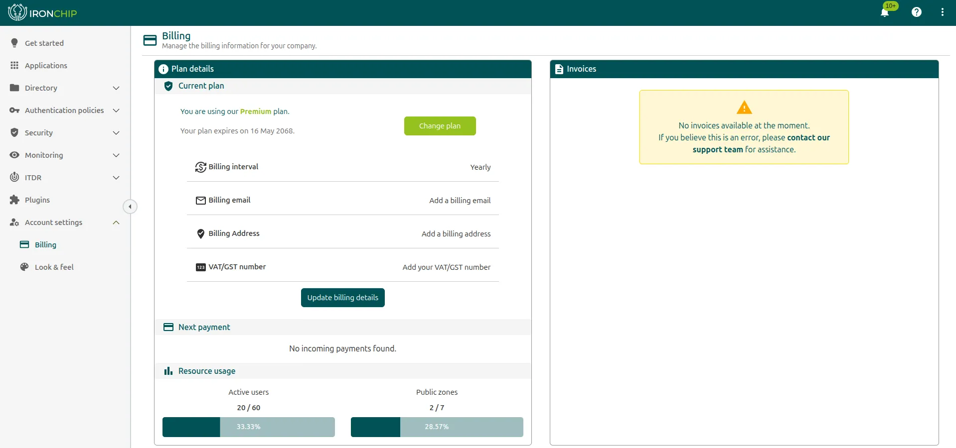 Página Billing con el plan actual, los datos de facturación y el uso de usuarios y zonas públicas