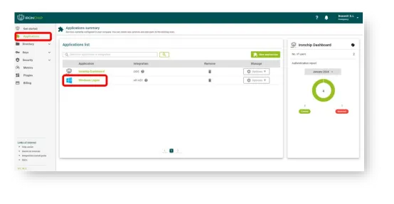 Listado de aplicaciones con una aplicación seleccionada para ver sus métricas