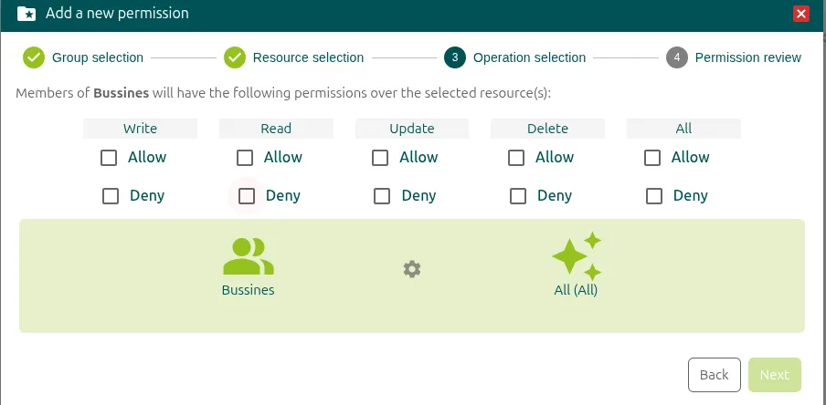 Paso Operation selection con las operaciones Write, Read, Update, Delete y All