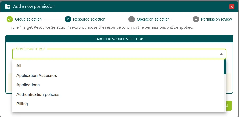 Paso Resource selection con el desplegable de tipos de recurso