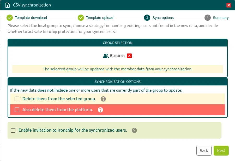 Paso Sync options con el grupo seleccionado y las opciones de sincronización