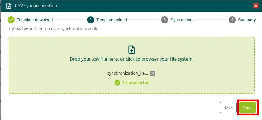 Paso Template upload con el archivo CSV seleccionado y el botón Next