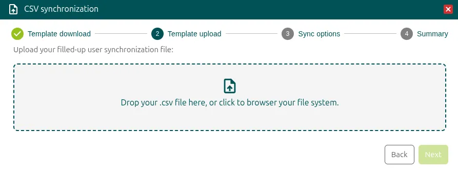 Paso Template upload con la zona para soltar el archivo CSV
