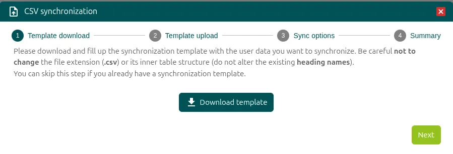 Paso Template download con el botón Download template